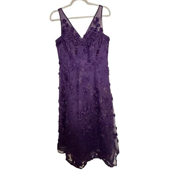 Rickie Freeman Teri Jon Tulle Tea-Length Dress Floral Appliques Purple Size 8 - Picture 1 of 5